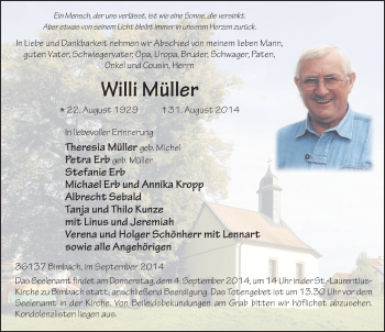 Traueranzeige von Willi Müller 