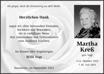 Traueranzeige von Martha Kreß 