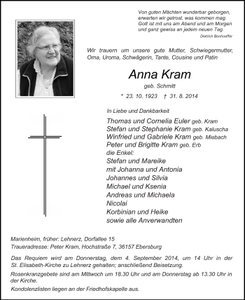 Traueranzeige von Anna Kram 