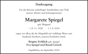 Traueranzeige von Margarete Spiegel 