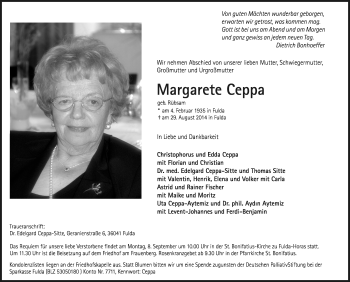 Traueranzeige von Margarete Ceppa 