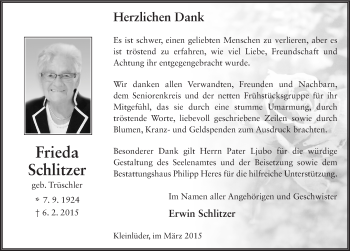 Traueranzeige von Frieda Schlitzer 