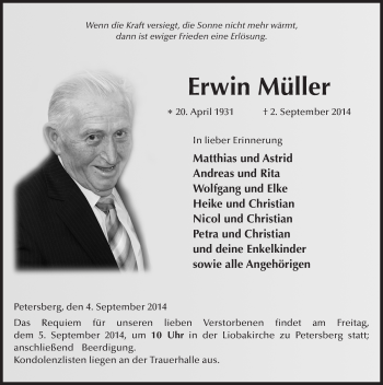 Traueranzeige von Erwin Müller 