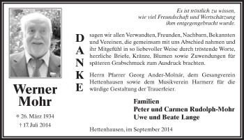 Traueranzeige von Werner Mohr 