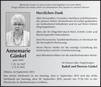 Traueranzeige von Annemarie Günkel 