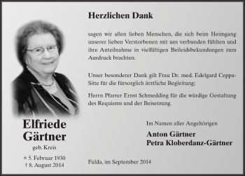 Traueranzeige von Elfriede Gärtner 