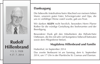 Traueranzeige von Rudolf Hillenbrand 