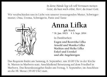 Traueranzeige von Anna Lifka 