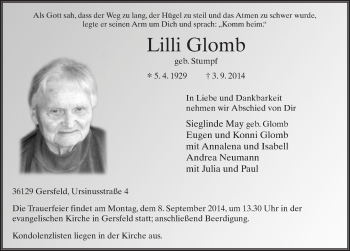 Traueranzeige von Lilli Glomb 