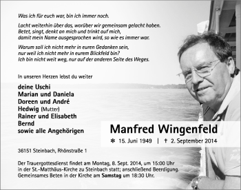 Traueranzeige von Manfred Wingenfeld 