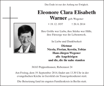 Traueranzeige von Elonore Clara Elisabeth Warner 