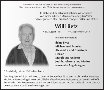 Traueranzeige von Willi Betz 