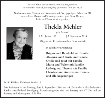 Traueranzeige von Thekla Mehler 