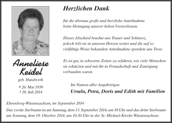 Traueranzeige von Anneliese Keidel 