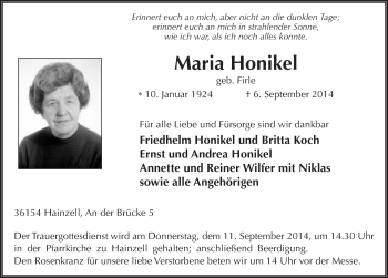 Traueranzeige von Maria Honikel 