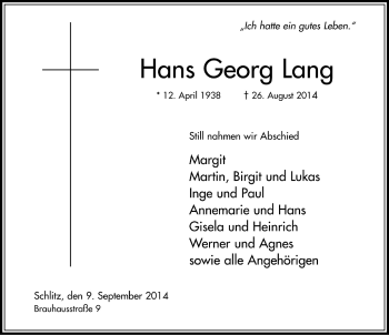 Traueranzeige von Hans Georg Lang 
