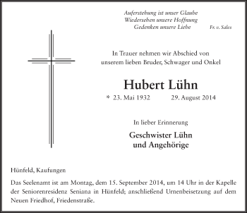 Traueranzeige von Hubert Lühn 