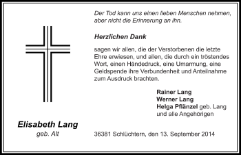 Traueranzeige von Elisabeth Lang 