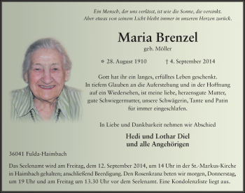 Traueranzeige von Maria Brenzel 