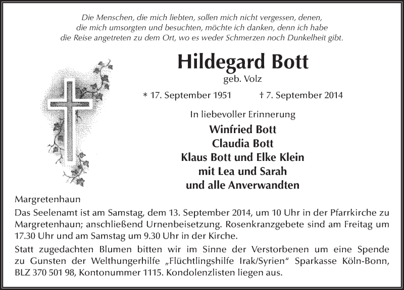  Traueranzeige für Hildegard Bott vom 10.09.2014 aus 