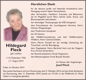 Traueranzeige von Hildegard Fleck 