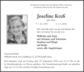 Traueranzeige von Josefine Kreß 