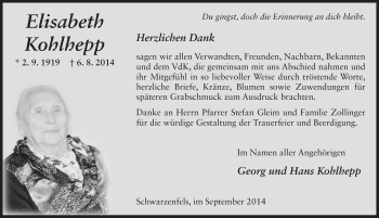 Traueranzeige von Elisabeth Kohlhepp 