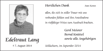 Traueranzeige von Edeltraut Lang 