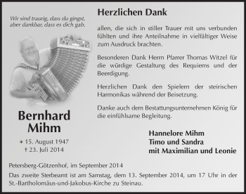 Traueranzeige von Bernhard Mihm 
