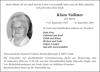 Traueranzeige von Klara Volkmer 