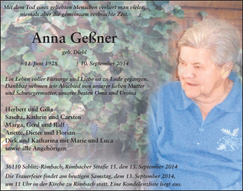 Traueranzeige von Anna Geßner 