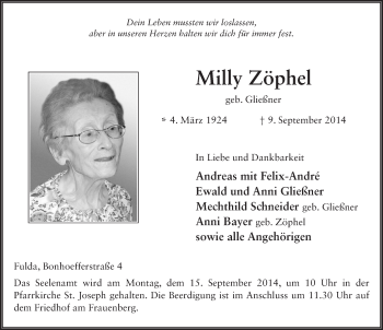 Traueranzeige von Milly Zöphel 