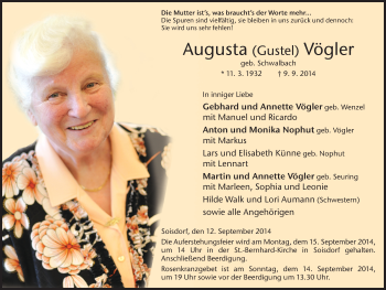 Traueranzeige von Augusta Vögler 