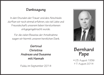 Traueranzeige von Bernhard Pape 