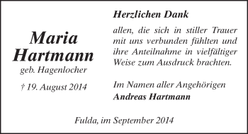 Traueranzeige von Maria Hartmann 
