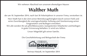 Traueranzeige von Walther Muth 