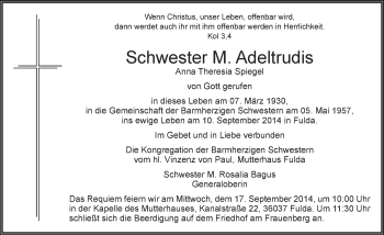 Traueranzeige von Anna Theresia Spiegel 