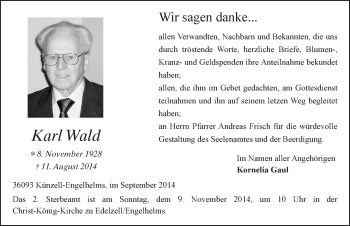 Traueranzeige von Karl Wald 