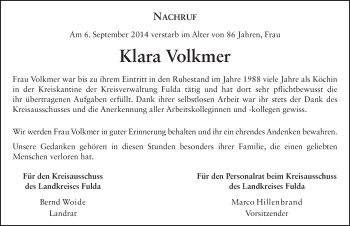 Traueranzeige von Klara Volkmer 