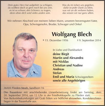 Traueranzeige von Wolfgang Blech 
