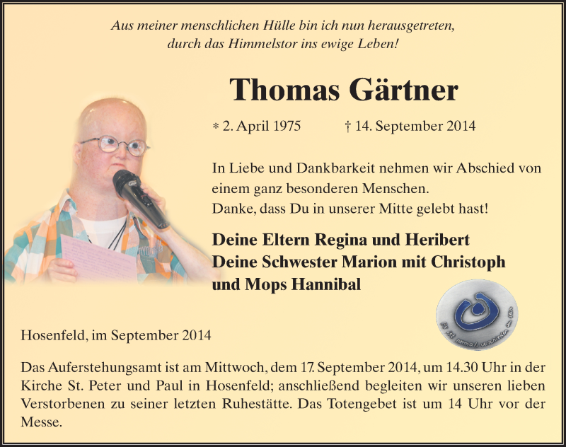  Traueranzeige für Thomas Gärtner vom 16.09.2014 aus 