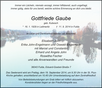 Traueranzeige von Gottfriede Gaube 