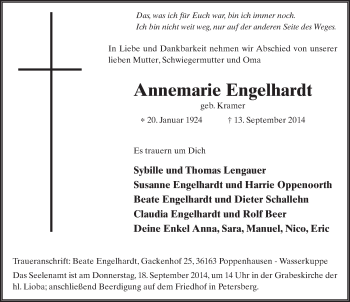 Traueranzeige von Annemarie Engelhardt 