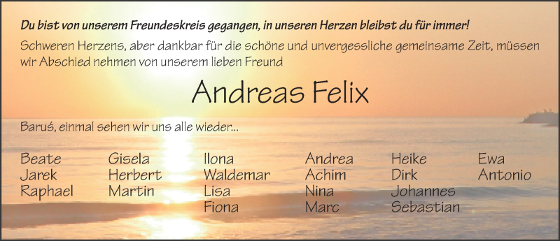  Traueranzeige für Andreas Felix vom 16.09.2014 aus 