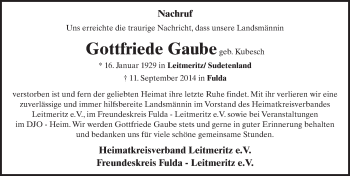 Traueranzeige von Gottfriede Gaube 
