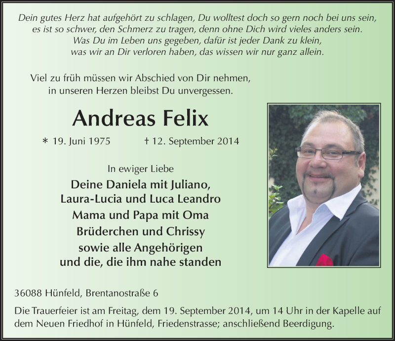  Traueranzeige für Andreas Felix vom 16.09.2014 aus 