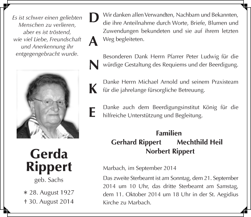  Traueranzeige für Gerda Rippert vom 19.09.2014 aus 