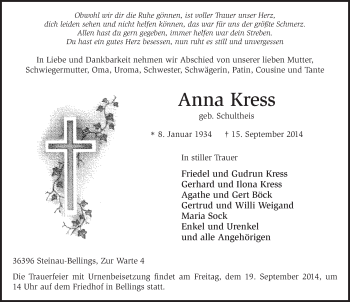 Traueranzeige von Anna Kress 