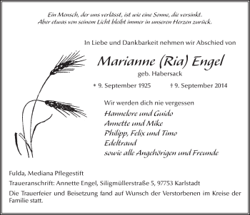 Traueranzeige von Marianne Engel 
