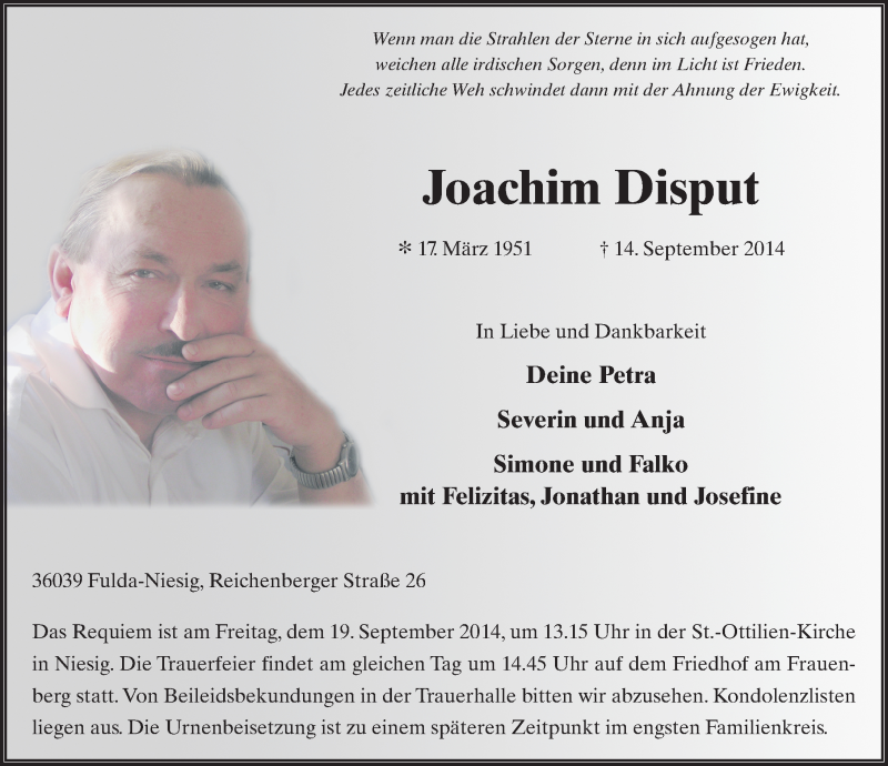  Traueranzeige für Joachim Disput vom 17.09.2014 aus 